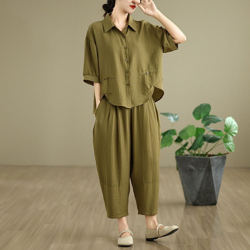 Real shot 2025 summer new literary loose solid color short-sleeved top + Harlan pants set women's two-piece set #0672