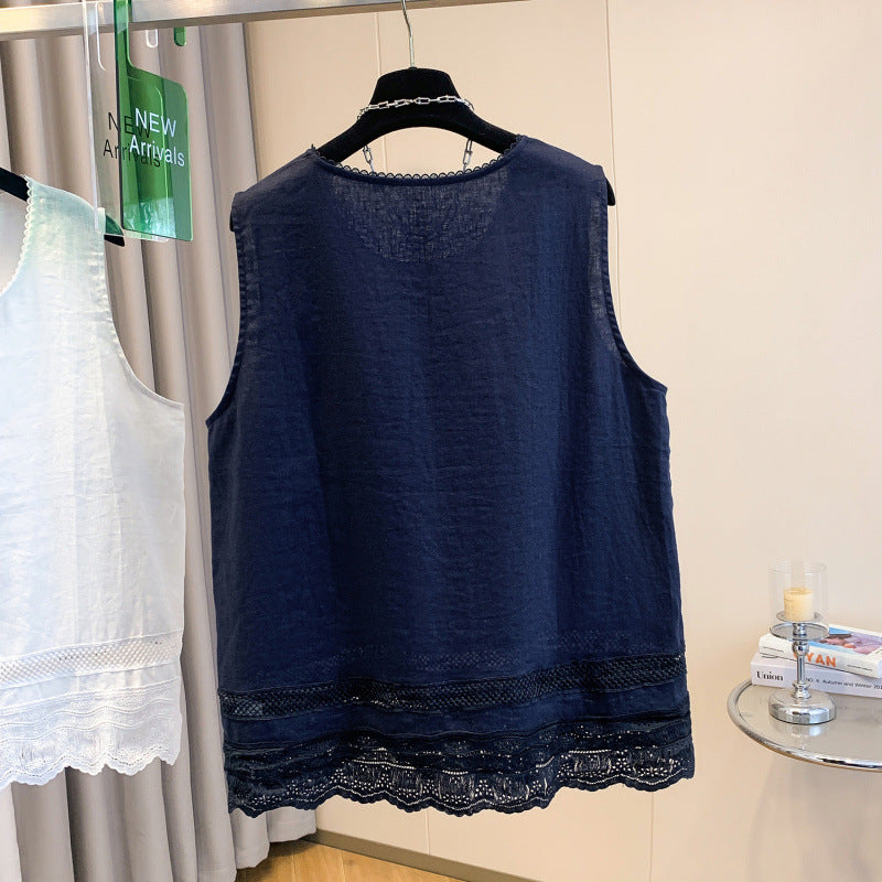 Real shot 2025 summer thin lace lace round neck wear sleeveless vest shirt top T-shirt women