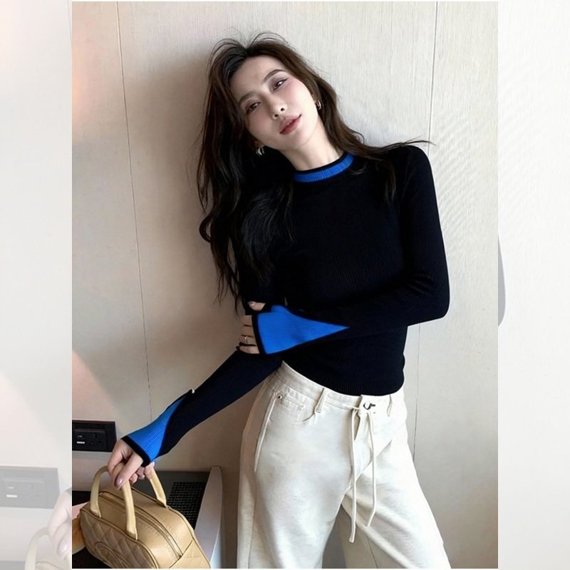 2025 winter senior feeling super good-looking soft waxy lazy wind age reduction unique chic relaxation contrasting color knitted sweater women