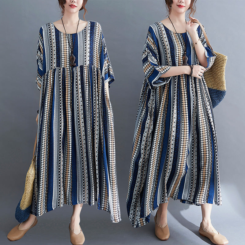 Real shot 2025 summer new literary large size loose splicing striped short-sleeved dress women's long dress 6783 #