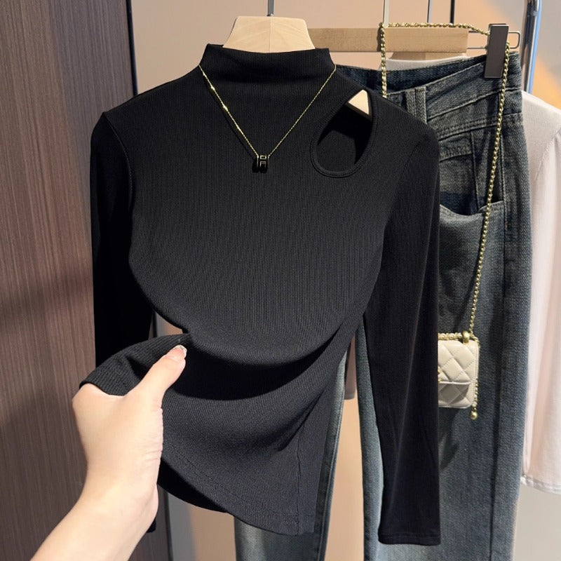 Dark gray hollowed-out semi-turtleneck five-quarter-sleeved t-shirt bottoming shirt women's spring and autumn Korean version versatile design medium-sleeved top