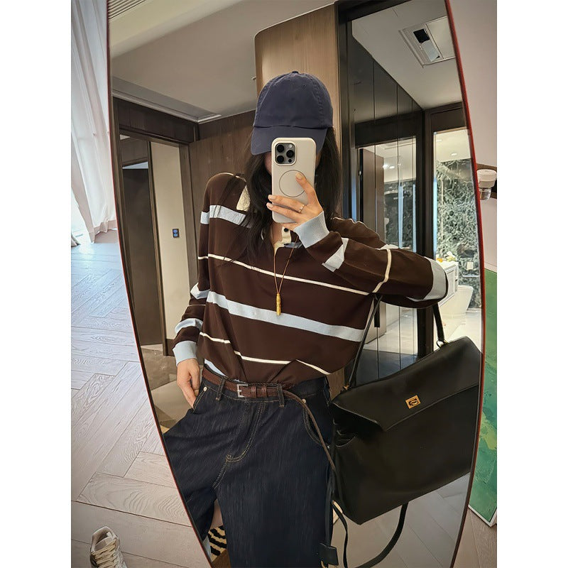 Korean contrasting striped polo collar lapel single top women's autumn unique and beautiful small fragrant style long-sleeved knitted sweater