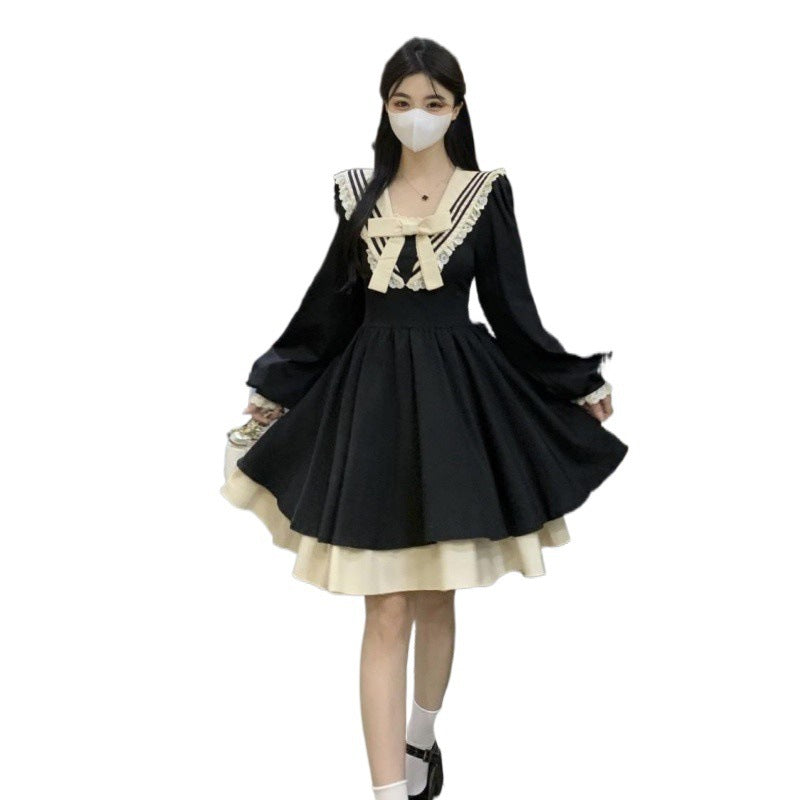 Navy collar long-sleeved Hepburn style dress autumn 2025 new women's tutu dress sweet flesh-covering black skirt