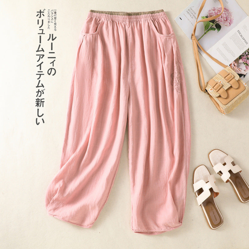 Real shot 2025 summer large size literary and retro cotton and linen embroidered bloomers color matching elastic waist loose Harlan pants