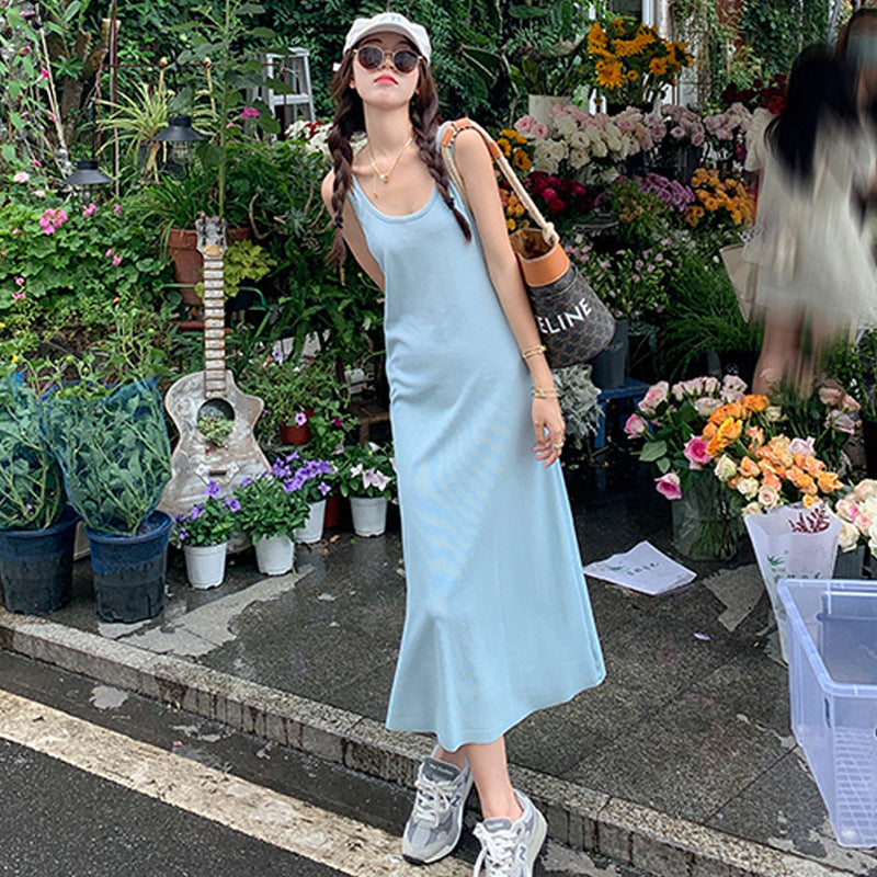 Design double shoulder pink suspender dress women's summer 2026 new loose and thin inner knee vest long dress