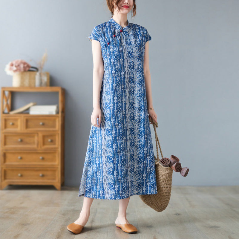 Real shot 2023 summer new retro disc buckle Chinese style improved cheongsam batik tea clothes short sleeve dress women