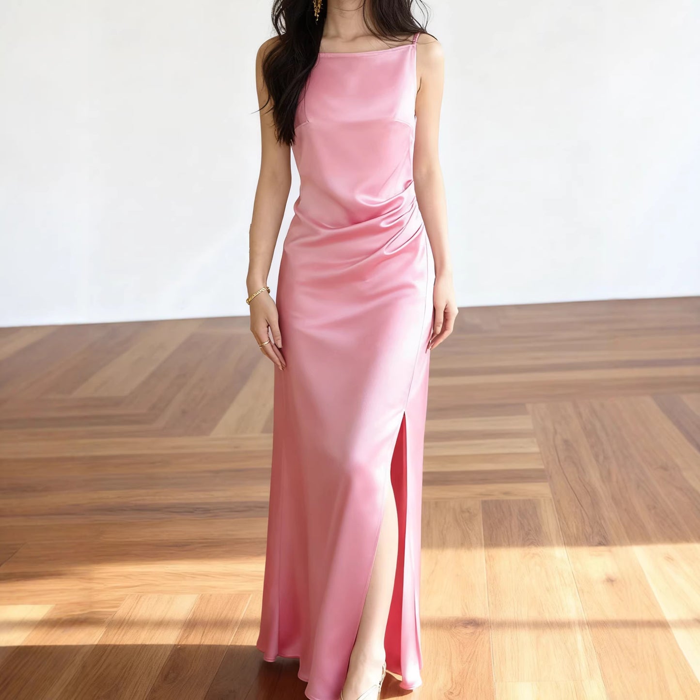 Haute couture imported acetic acid satin one-word collar suspender skirt, high-end, waist slit light luxury high-end hip-wrapped dress