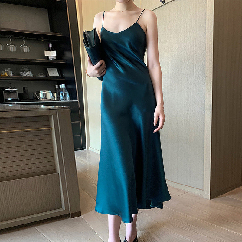 2025 spring and summer explosion acetic acid dress satin thin versatile Internet celebrity suspender skirt Douyin suit long dress