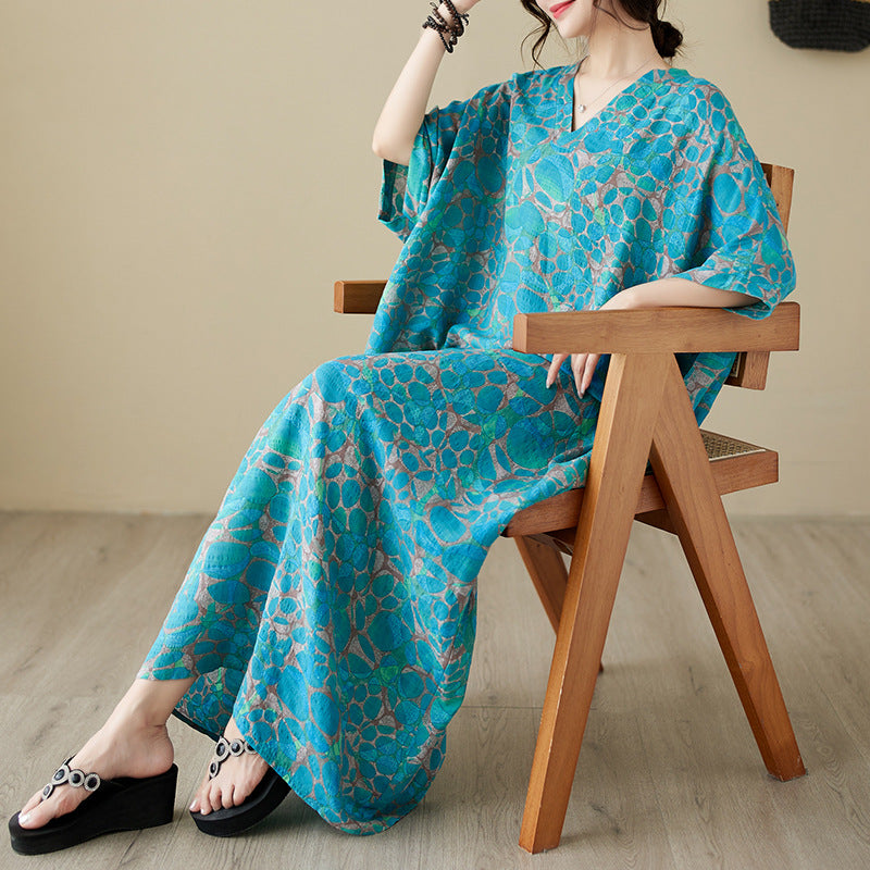 Real shot 2023 summer thin cotton and linen v-neck large size loose literary beach dress retro long robe