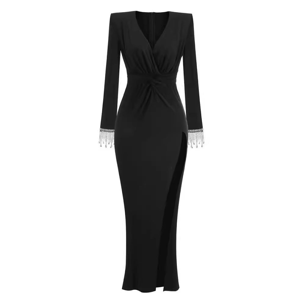Amazon cross-border women's clothing new sexy deep V kink high split long-sleeved dress, pull pleated hip-wrapped long dress women