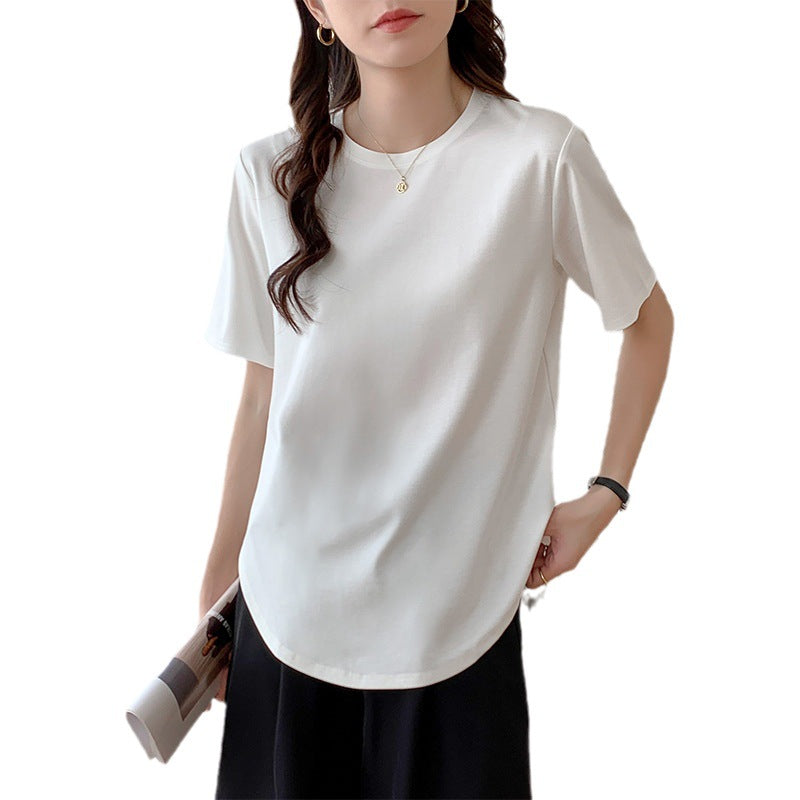 Short-sleeved T-shirt women's loose large version medium and long meat-covered hem curved Roman Tencel half-sleeved ice silk top summer