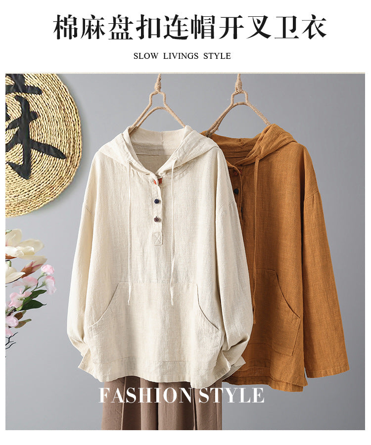 Real shot 2025 autumn new retro buckle new Chinese women's long-sleeved cotton and linen top hooded pullover sweater