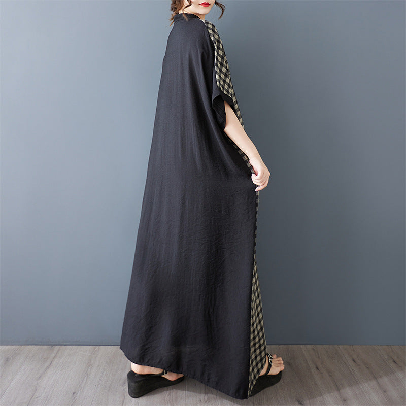 Real shot 2025 summer thin cotton and linen printing thin V-neck short-sleeved contrasting color splicing black long dress length 133