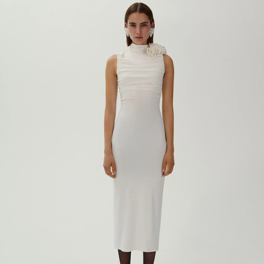 New long dress pleated three-dimensional flower design hip dress split white temperament short-sleeved dress sexy