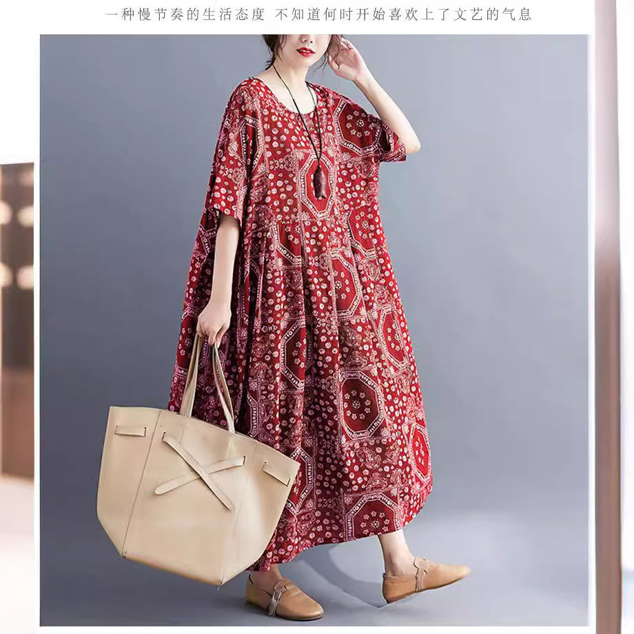 Real shot 2025 summer new literary large size loose printing round neck short sleeve dress women's long dress 6627 #