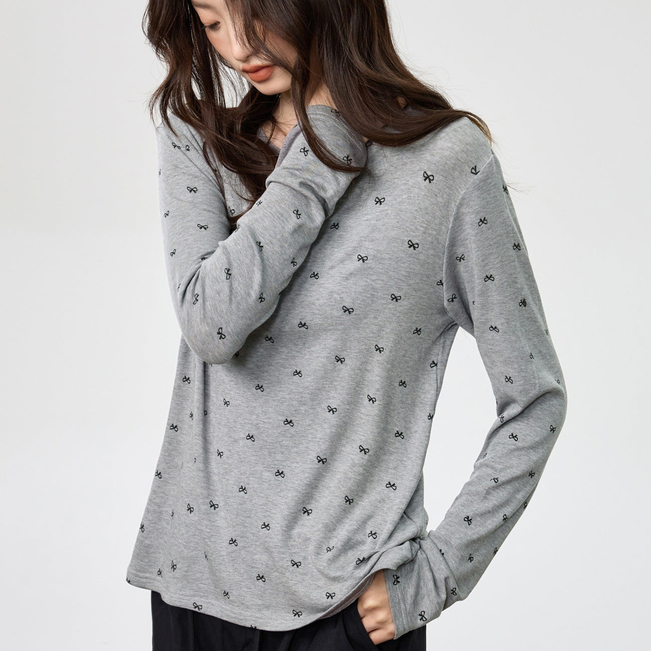 180G Tencel Lyocell cotton wool, fried soft waxy skin-friendly loose lazy printed T-shirt women's long-sleeved early autumn top