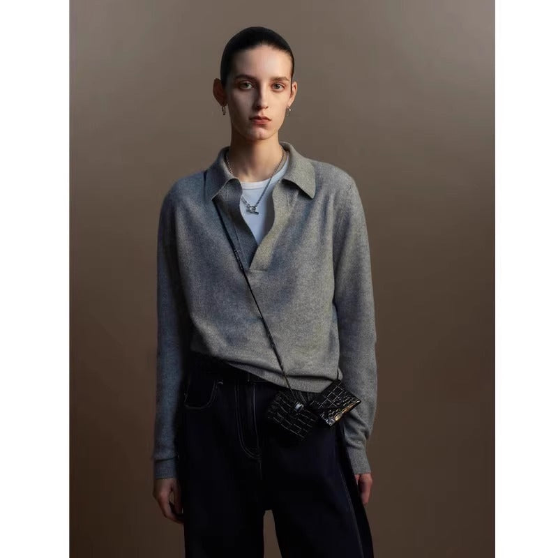 Autumn and winter gray base V-neck small lapel wool sweater women's loose high-end knitted sweater with long-sleeved top