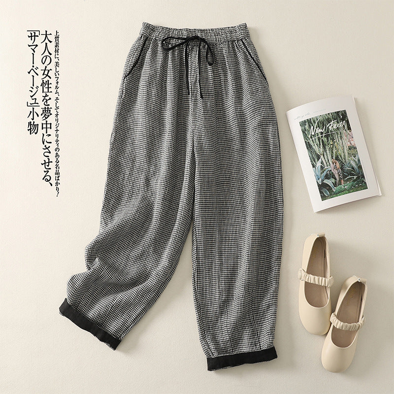 Real shot 2025 summer new casual loose cotton and linen plaid elastic waist Harlan pants nine-point pants women's #2615