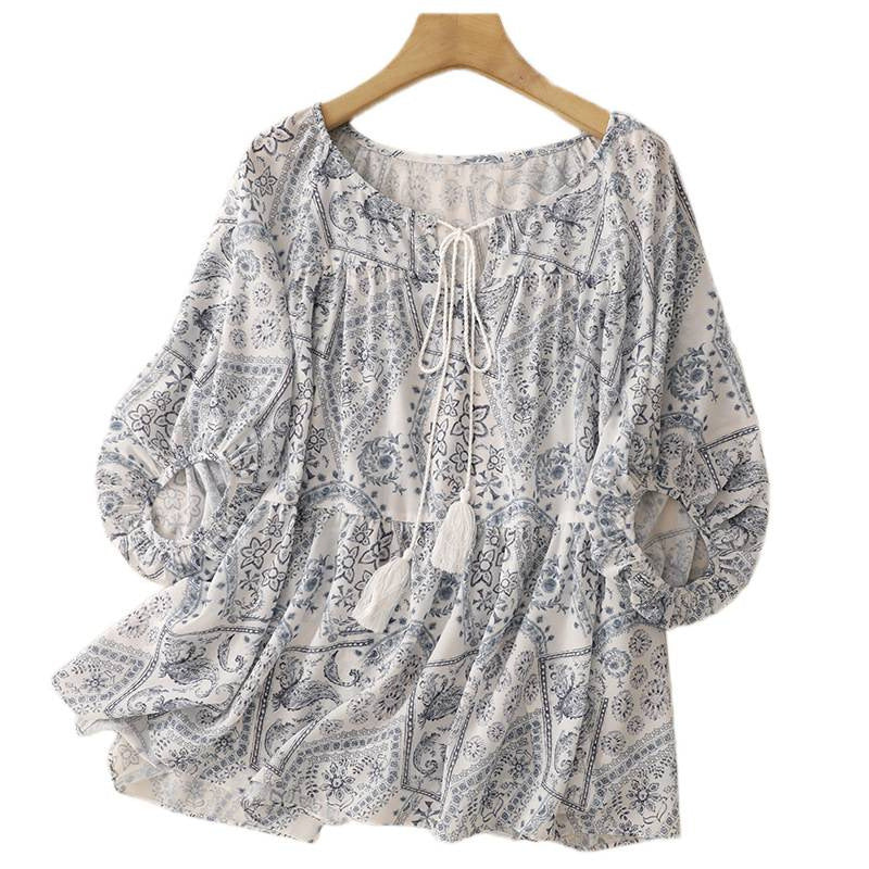 2025 summer new blue island print loose ethnic retro color short-sleeved shirt top women