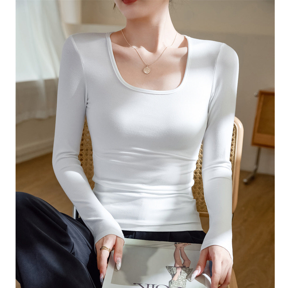 High elastic thin threaded cotton square neck T-shirt women's long sleeves 2026 autumn and winter new outer wear front shoulder tight bottoming shirt top