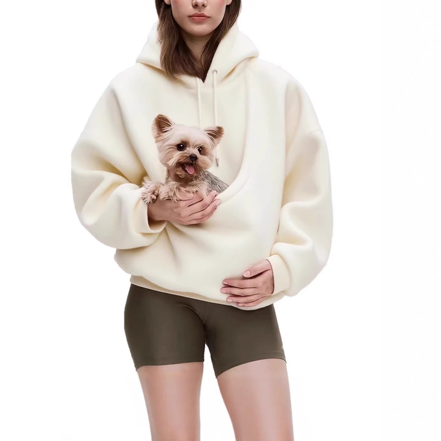 2025 Amazon new model, European, American autumn and winter cross-border solid color hooded plush pet pocket loose pullover sweater women
