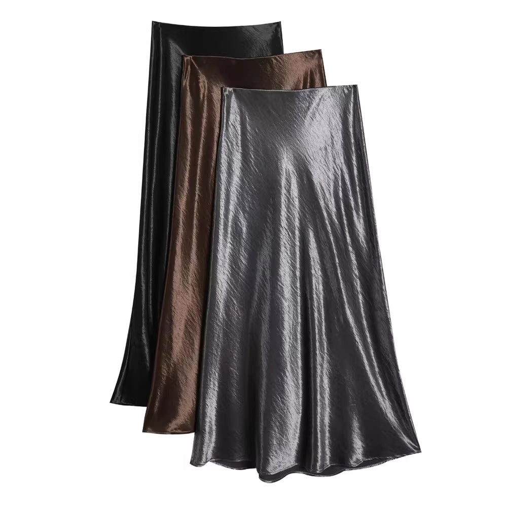 Imported new triacetic acid skirt, women's satin skirt diagonally cut a word acetic acid long skirt, thin and high waist luster