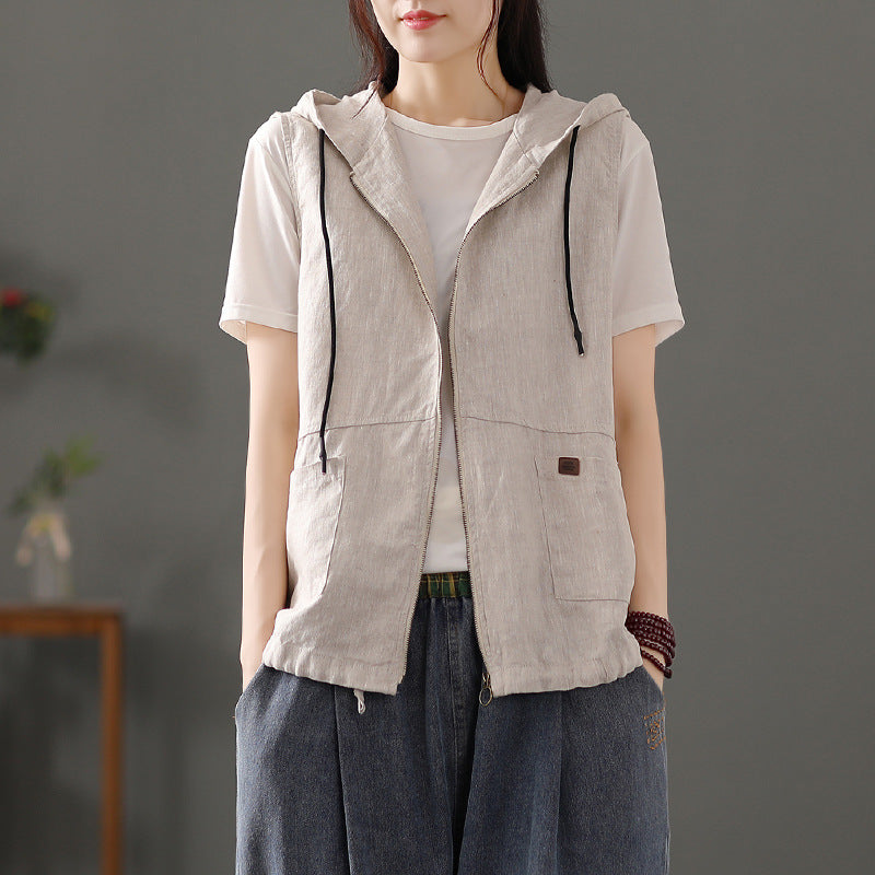 2025 spring new literary and retro loose solid color hooded cardigan vest casual sleeveless vest short coat women