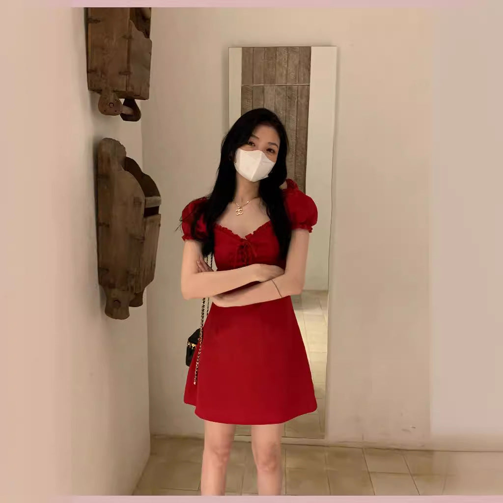 White and red square neck puff sleeve dress women's summer platycodon French design sense waist slimming A-line skirt