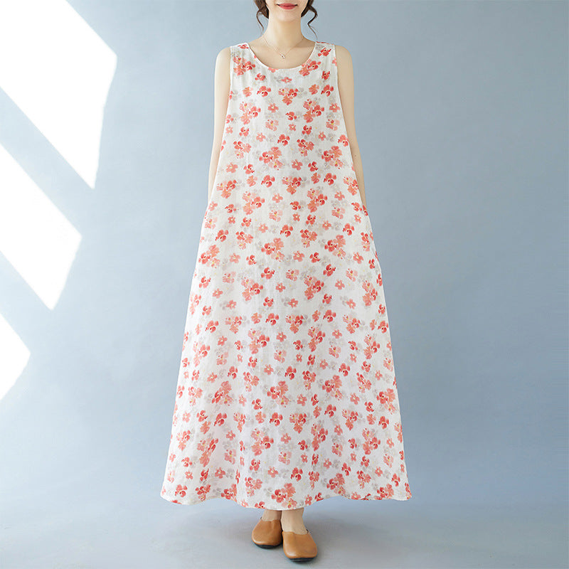 2024 real shot summer new bohemian fattened plus sleeveless crew neck printed medium and long dress women