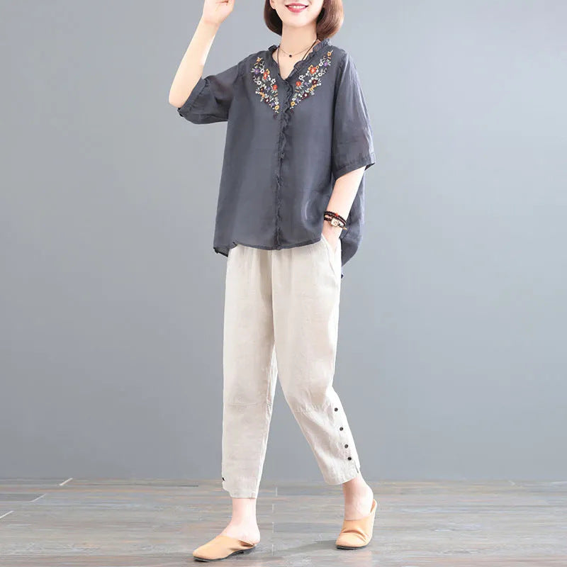 In the summer of 2025, the new Korean version of cotton and linen large-size meat-covering embroidered top + pants/two-piece suit for women