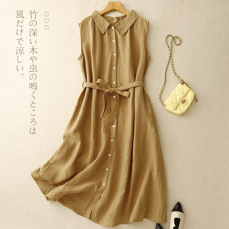 2025 summer new literary loose and thin lace-up medium and long sleeveless shirt dress women's clothing