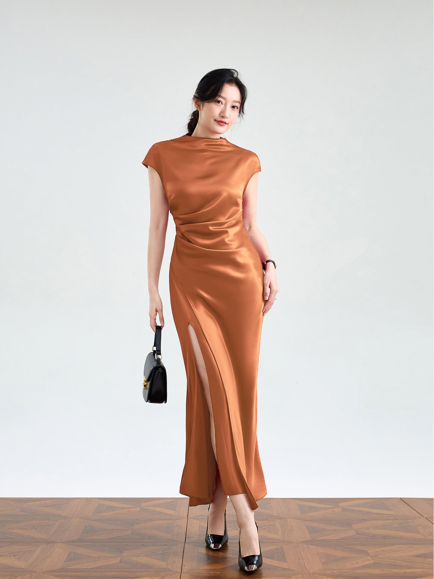 Haute couture imported acetic acid, pure desire style semi-turtleneck satin dress temperament thin split fork fish tail long dress French