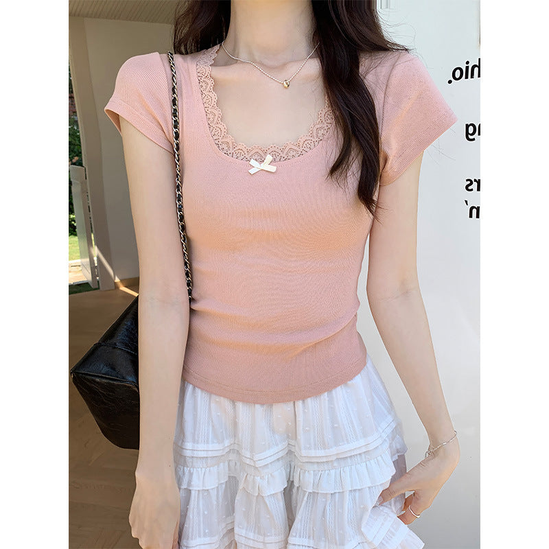 Ballet style pure desire gentle lace T-shirt women's 2026 summer new retro short-sleeved pure cotton bottoming shirt top