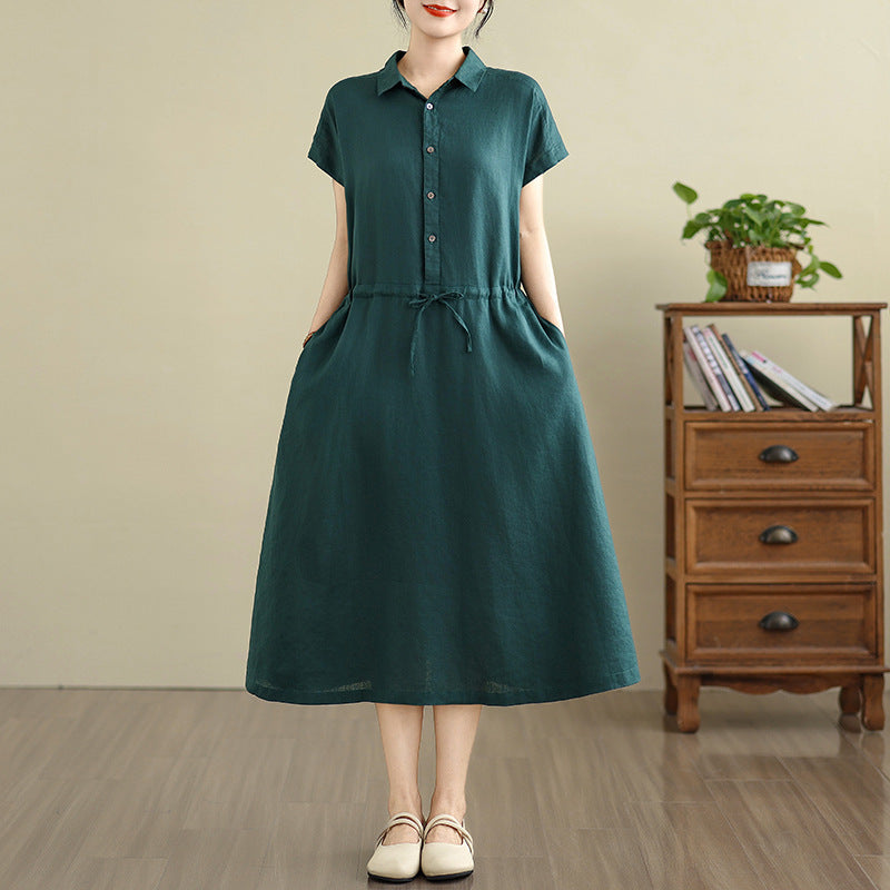 Real shot 2025 summer new cotton and linen shirt dress short sleeve lapel simple commuter shirt skirt women's clothing