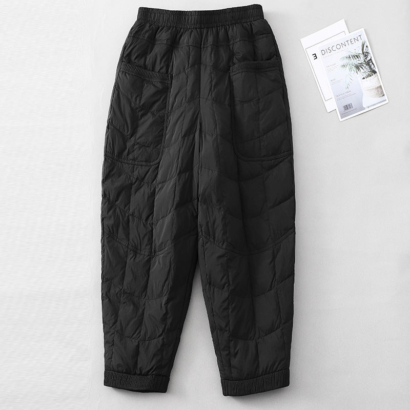 Real shot 2024 winter new solid color threaded splicing padded cotton warm thickened casual pants elastic waist cotton pants women