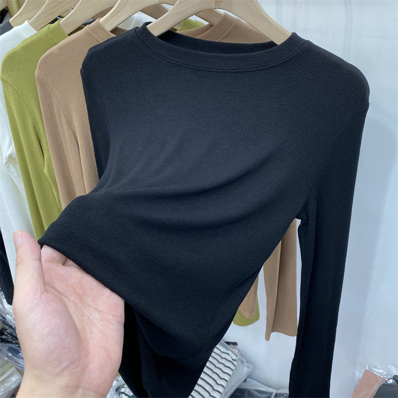 300G high elastic thin threaded cotton long-sleeved bottoming shirt women's 2026 autumn wear new slim-fit solid color versatile top T-shirt