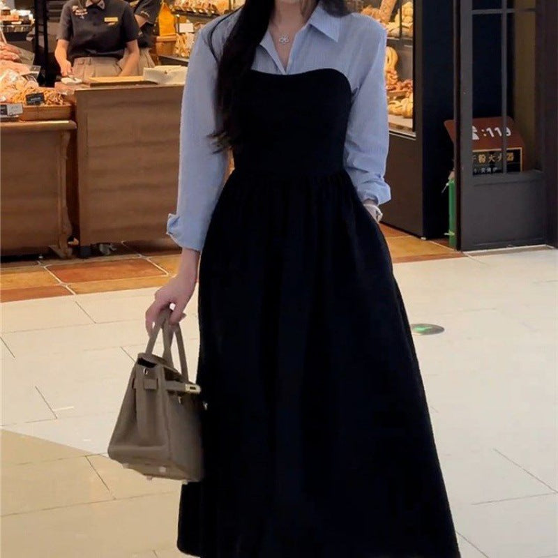 Large size early autumn new women's clothing fake two-piece shirt black long-sleeved dress, high-end matching, a complete set