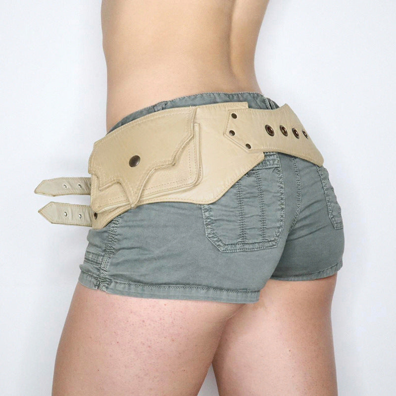 Western denim style double buckle metal waist rivet three-dimensional leather belt personalized trend casual mini waist fanny pack