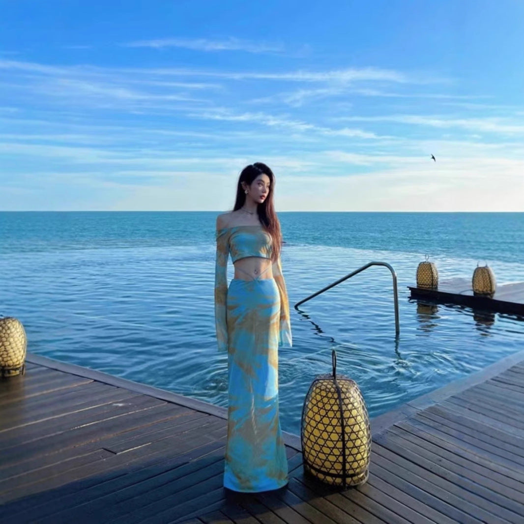 Retro foreign style oil painting tie-dye long-sleeved slim-fitting one-word shoulder fashion summer high-waisted skirt long dress hip-wrap suit