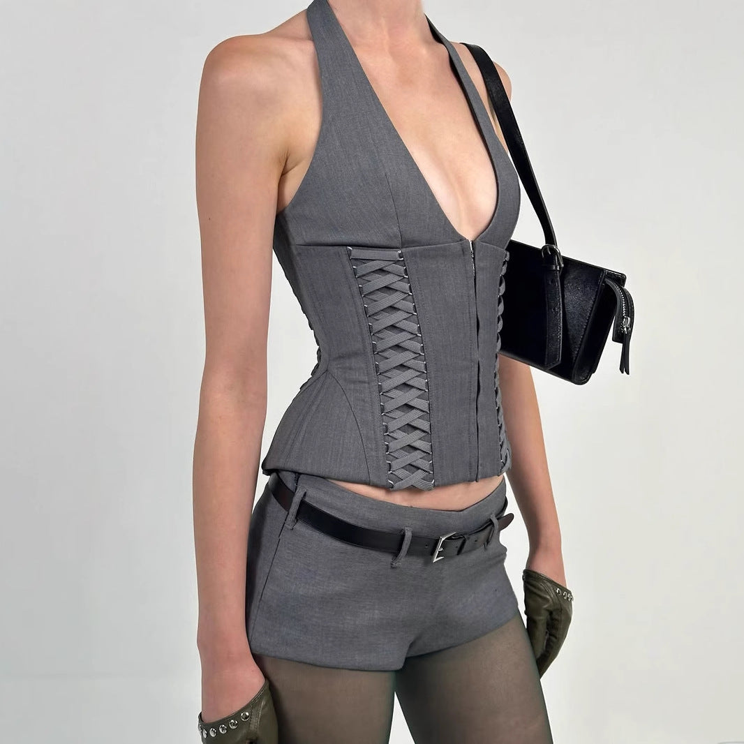 Penne same strap waist neck deep V-neck vest sexy hottie slim short slim versatile top