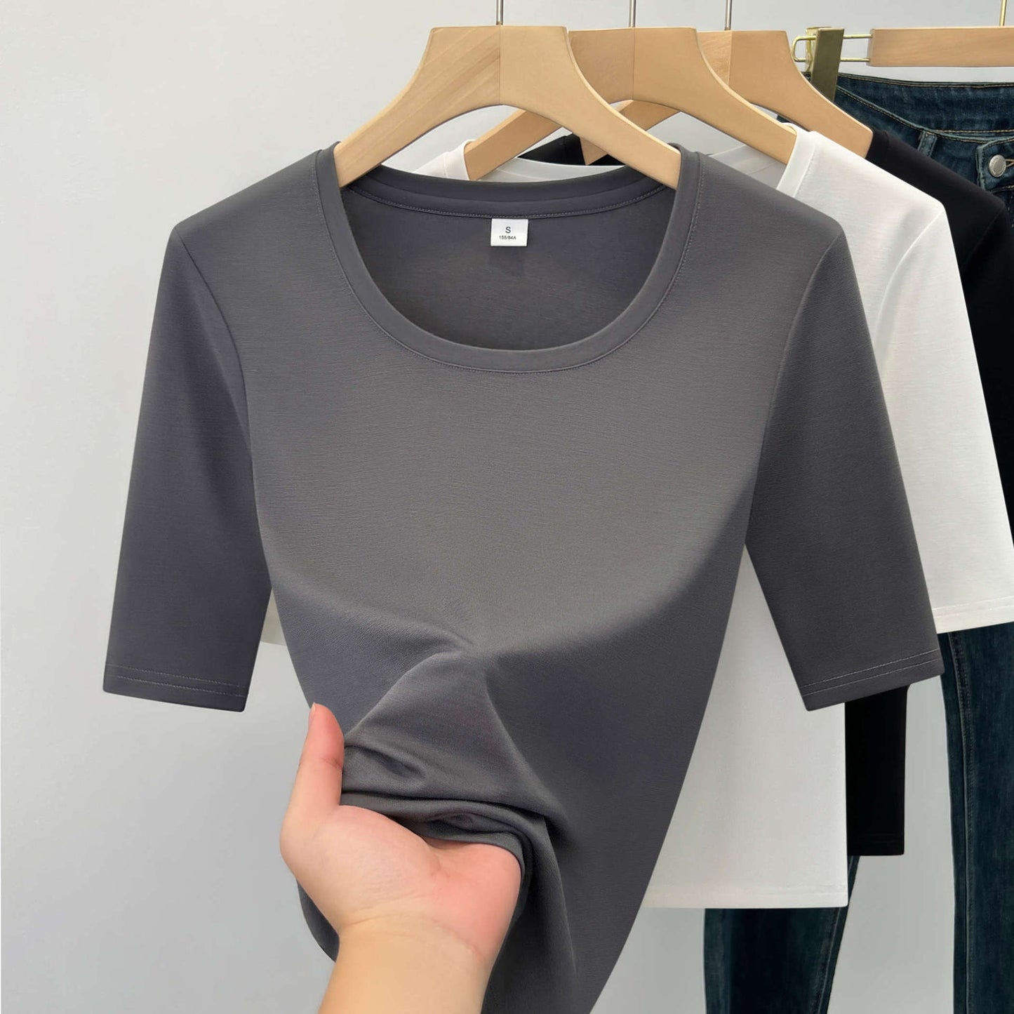 Tencel white semi-turtleneck bottoming shirt women's 2025 new slim-fitting and thin shoulder T-shirt spring and summer mid-sleeved top trendy
