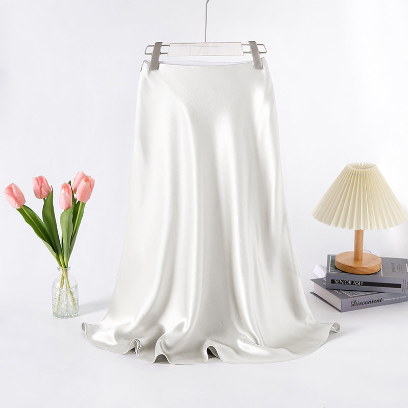 Elastic waist acetate skirt high-end silky 2025 Internet celebrity spring and summer new over-the-knee large swing skirt