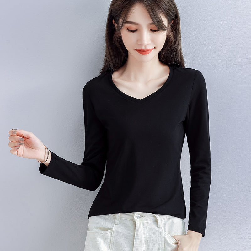 Spring and Autumn 2025 pure cotton versatile V-neck long-sleeved T-shirt women's Korean version with slim foreign base shirt top for commuting