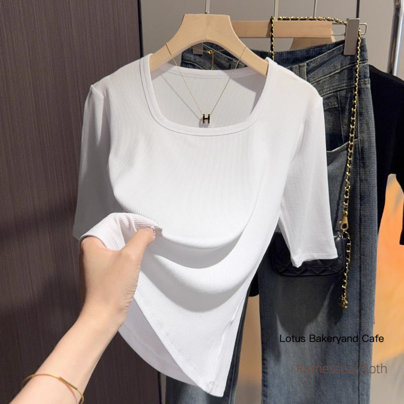 Black square neck five-quarter-sleeved t-shirt women's 2025 summer new versatile medium-sleeved fashion bottom half-sleeved contrasting top