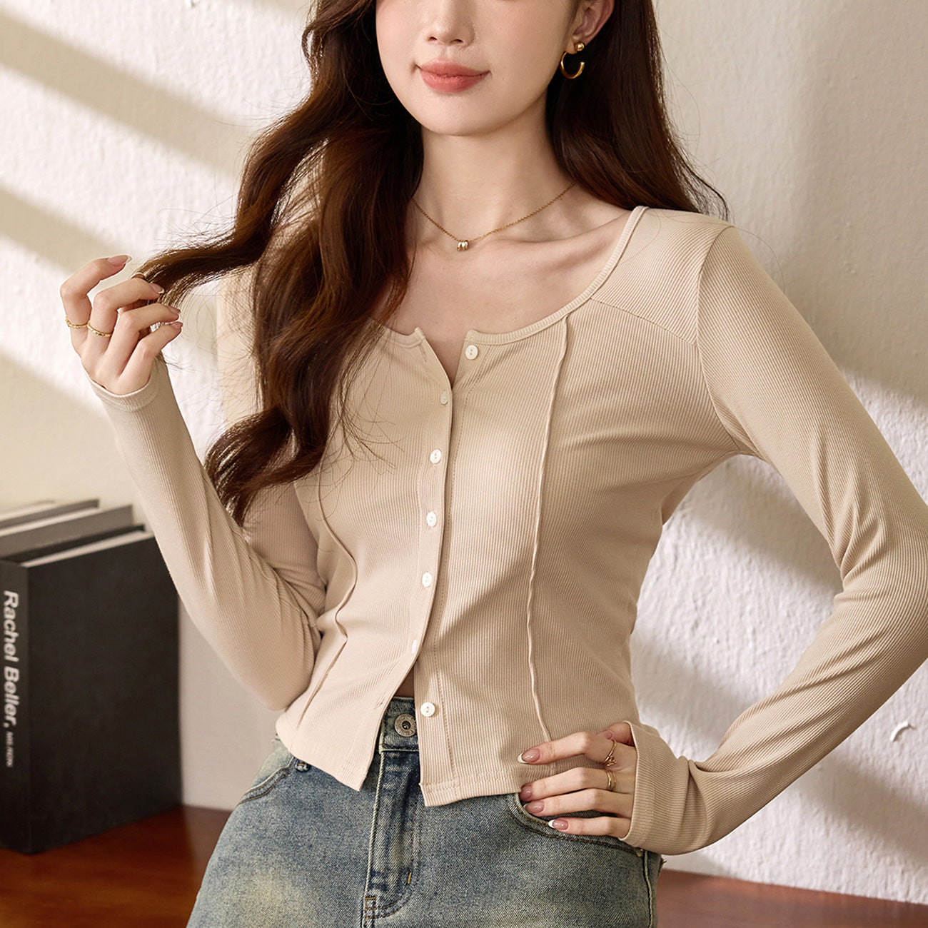 #Quality to make high-quality #shell button high-waisted short T-shirt Spice Girl Navel Sexy Long Sleeve Temperament Pure Cotton Top