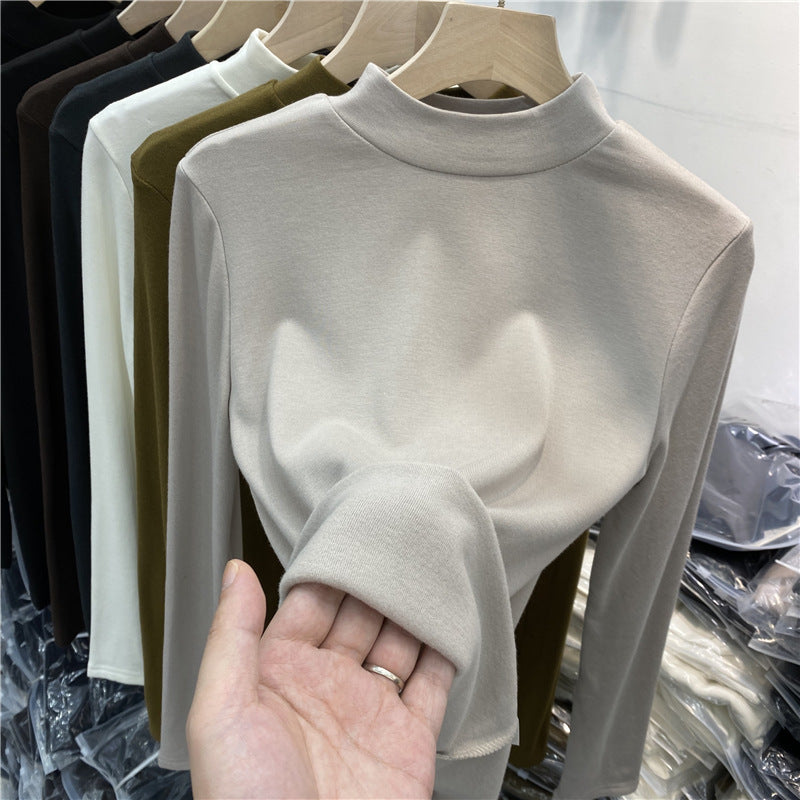 磨毛加绒立领打底衫女长袖棉T恤2026秋冬新款半高领百搭内搭上衣