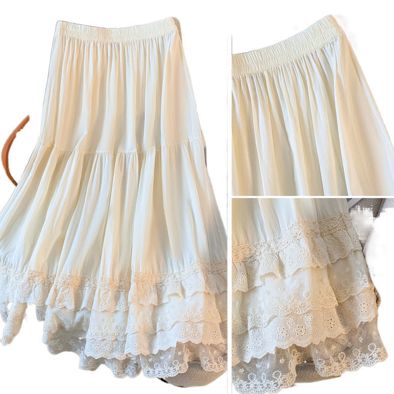 Real shot 2025 spring new retro mesh lace splicing medium and long skirt women's inner petticoat bottom dress