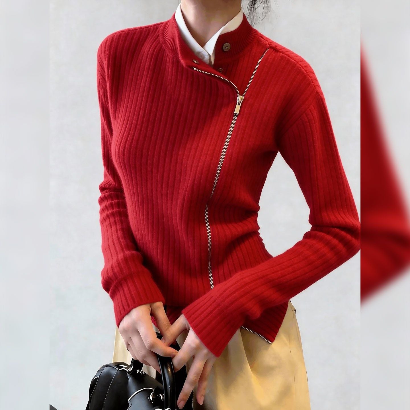 2025 winter popular red fake two-piece knitted sweater femininity age-reducing versatile comfortable slim-fitting and thin top