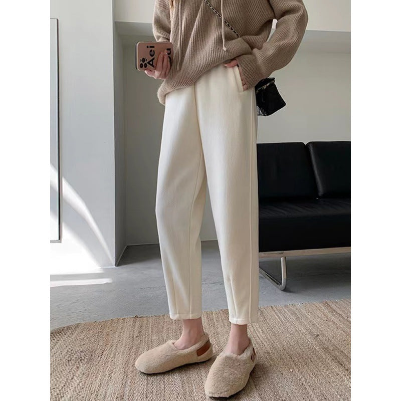 Off-white casual pants women's 2025 new autumn and winter high-waisted velvet fat mm radish pants are thin Harlan grandma pants