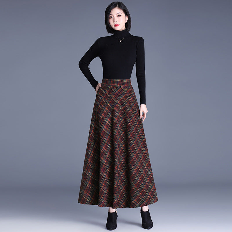 2025 medium and long woolen plaid skirt autumn and winter Korean version thin pleated skirt thickened woolen swinging A-shaped skirt